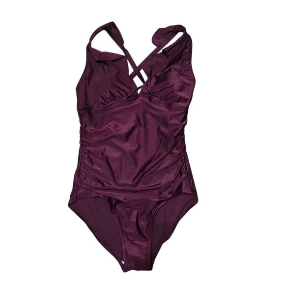 Kona Sol Maroon Crisscross One-Piece Ruffle Swimsuit - Picture 1 of 7